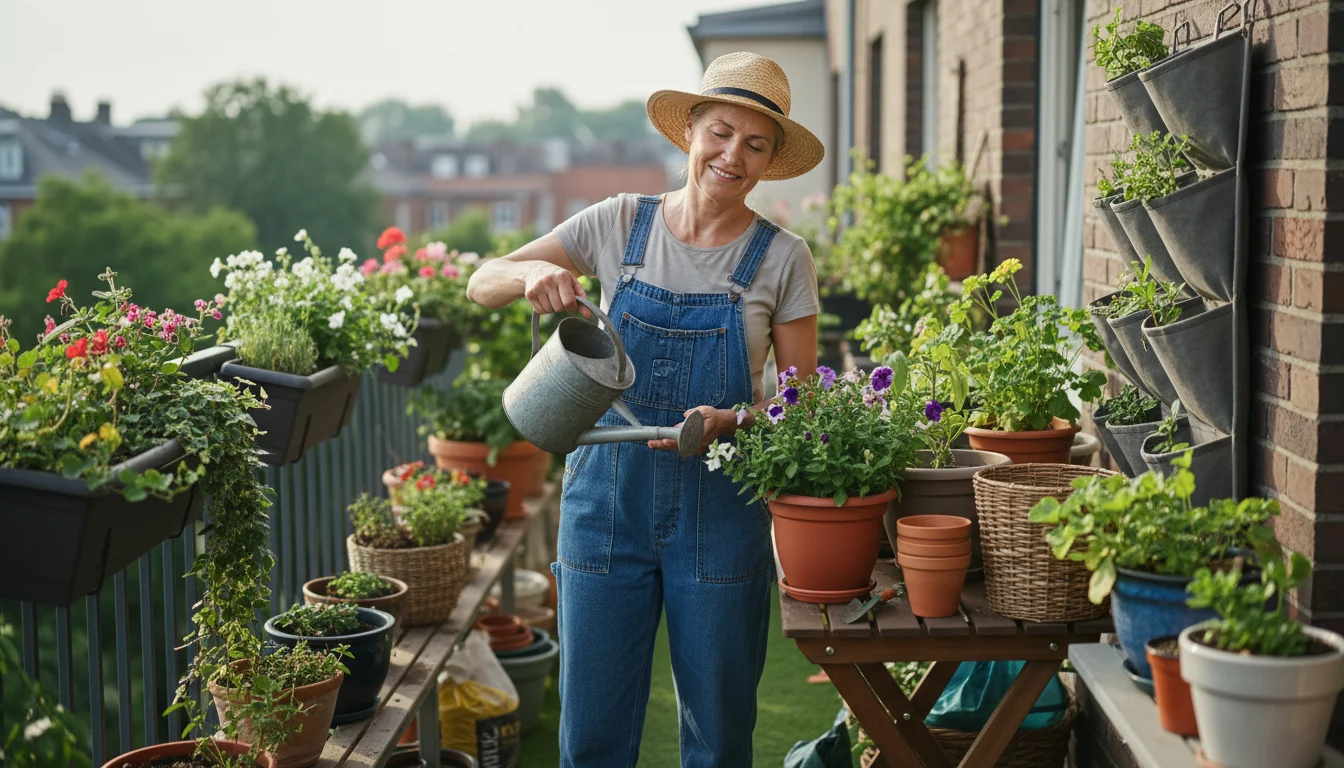 A person watering multiple diverse containers on a small, urban balcony, surrounded by plants under soft morning light.