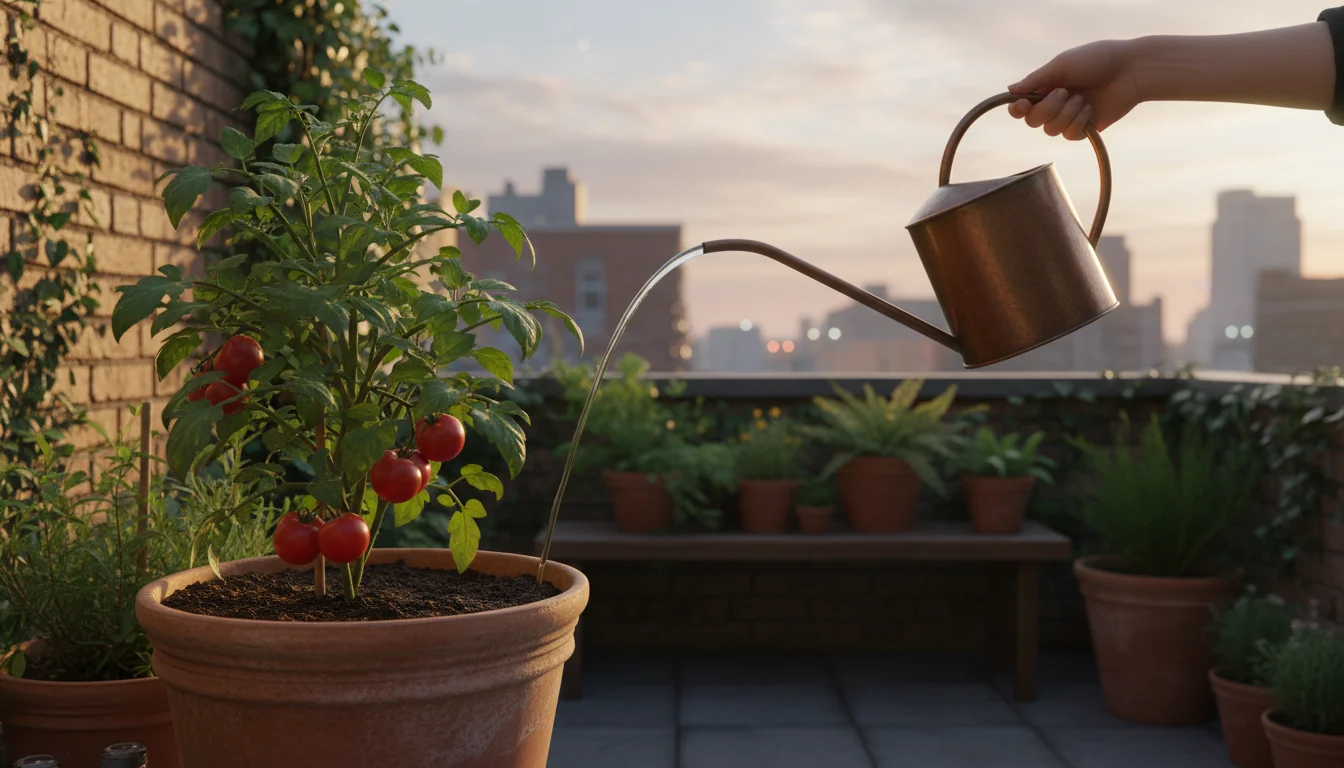 Person watering a patio tomato plant deeply in a terracotta pot with a copper watering can during the soft light of dawn.
