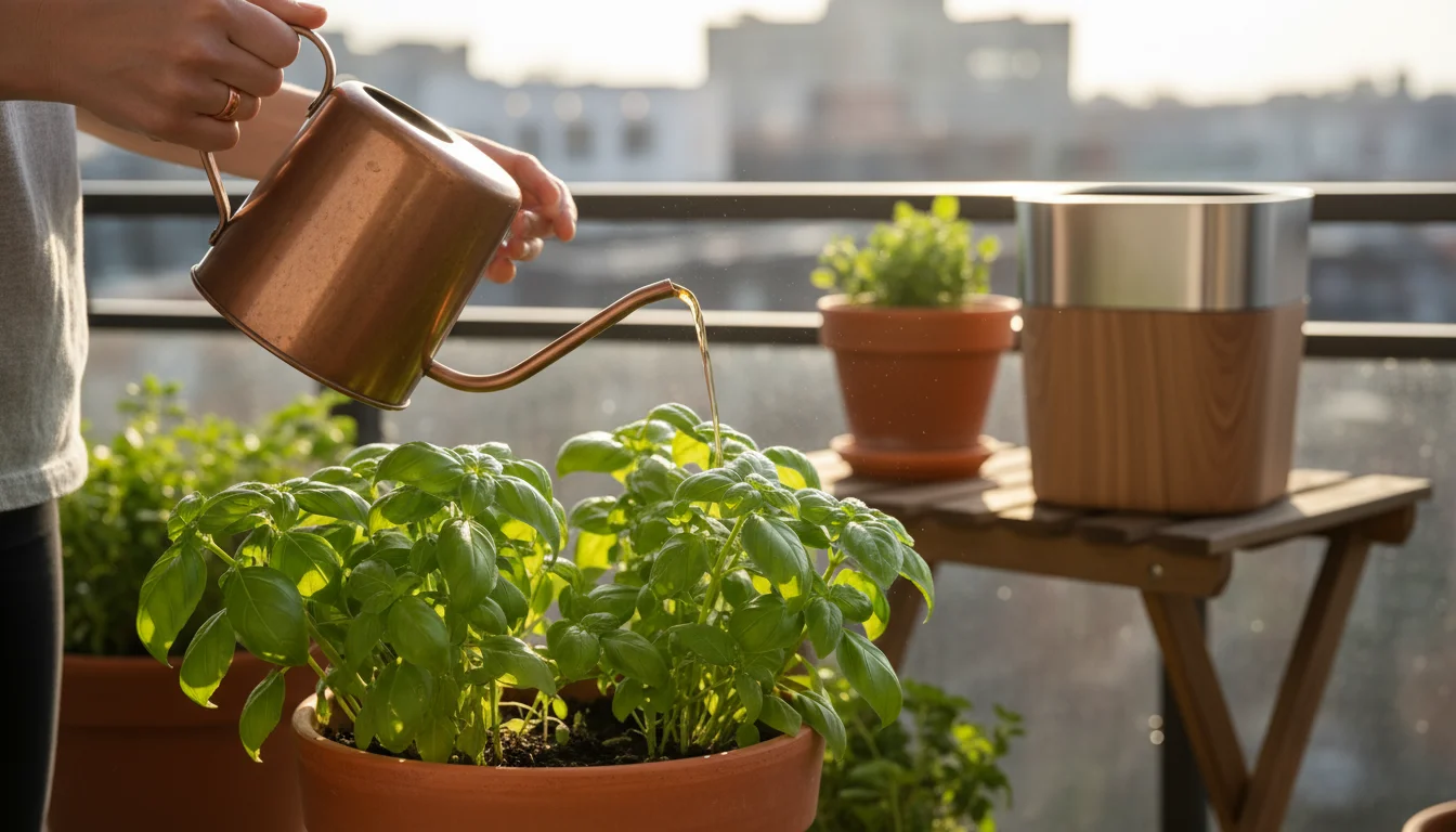 Person watering potted basil with compost tea from a small copper can on a sunny urban balcony; a compact compost bin is visible in the background.