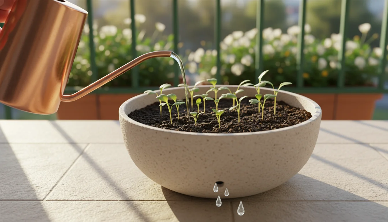 Person watering radish seedlings in a light ceramic pot on a balcony; water visibly drains from pot bottom, showing thorough watering.