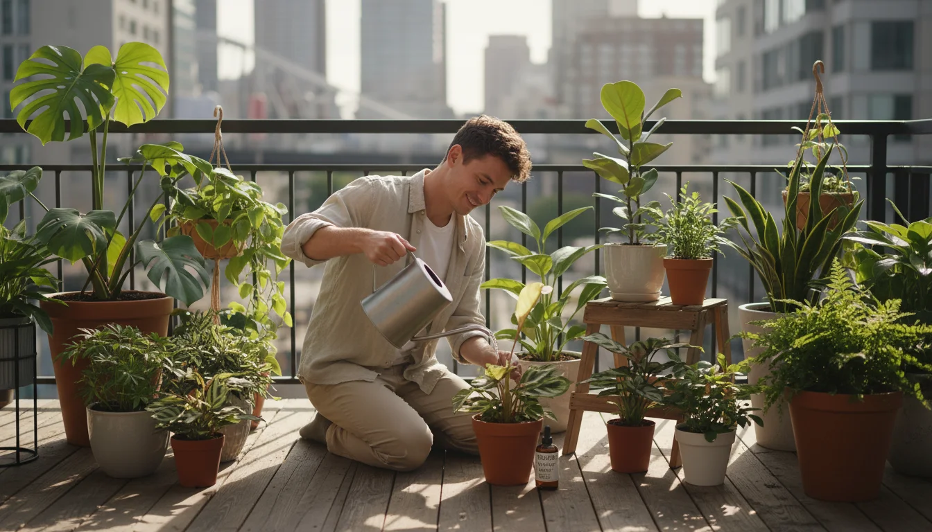 Person gently watering thriving potted houseplants on a sunlit urban balcony with a modern watering can, fertilizer bottle nearby.