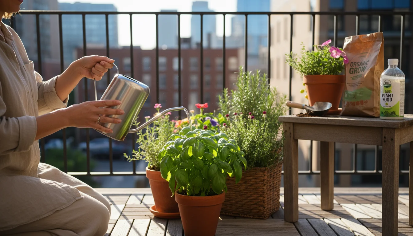 A person waters a basil plant on a sunlit balcony, with potting mix and liquid fertilizer bottles on a stool nearby amidst other container plants.