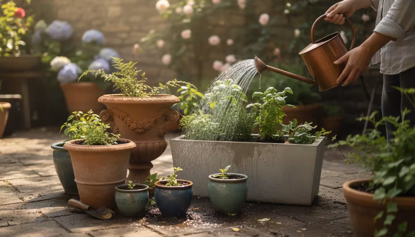A person gently waters multiple container pots on a sun-dappled patio with a watering can, its fine rose attachment misting the soil.