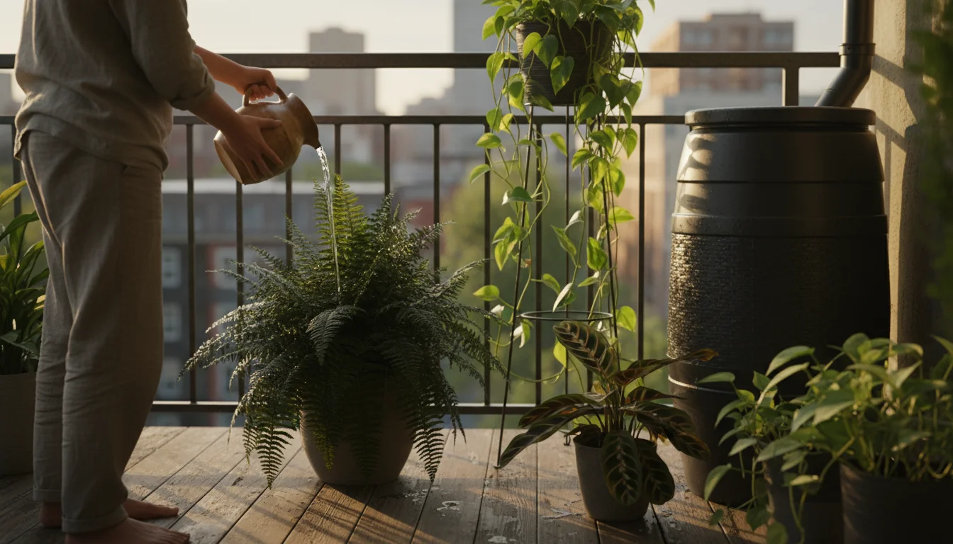 A person gently waters a potted fern on a small balcony with cooled cooking water. A stylish rain collection bucket is nearby.