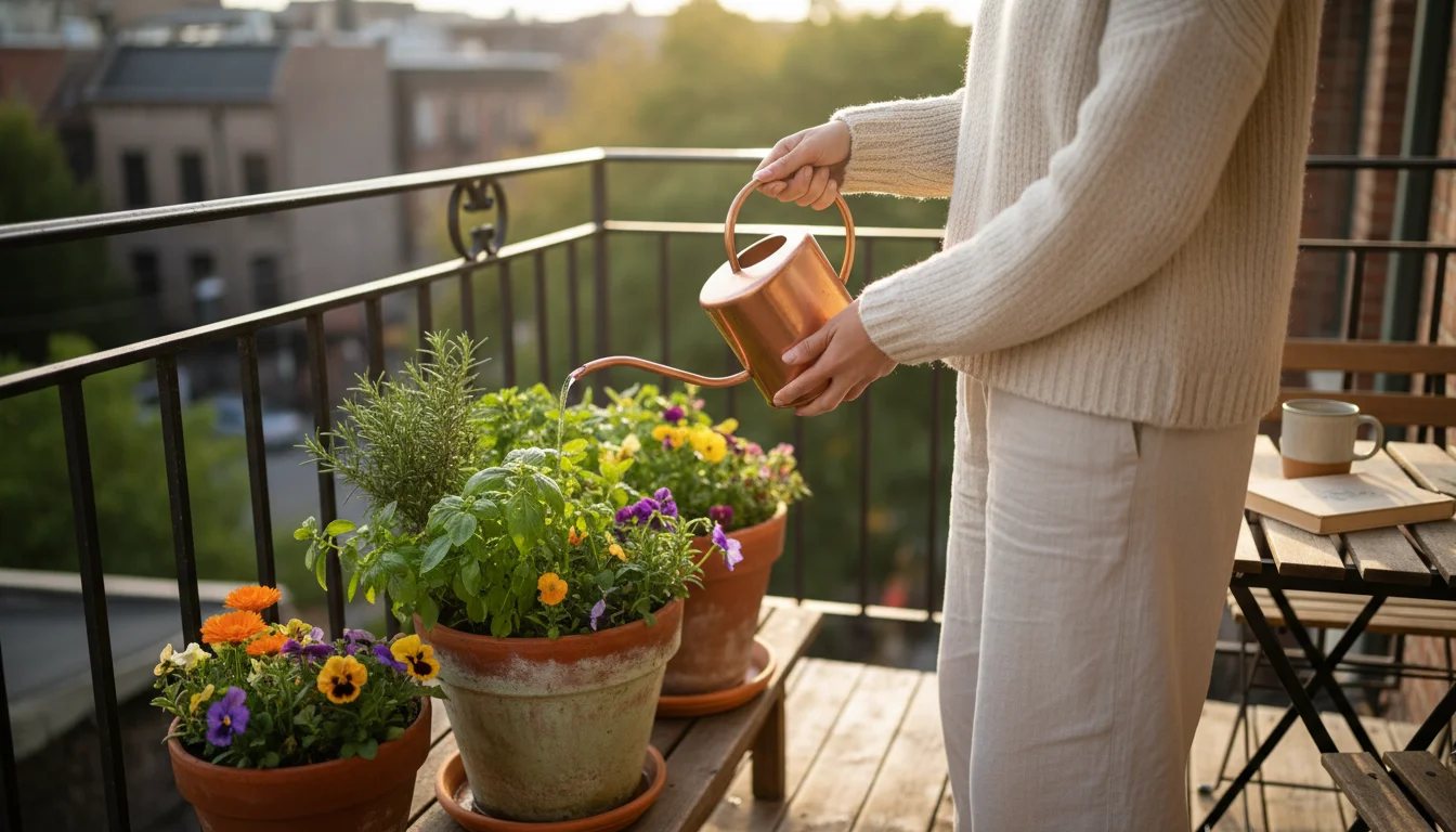 A person waters a vibrant collection of container plants on a sun-dappled urban balcony in soft, golden morning light.