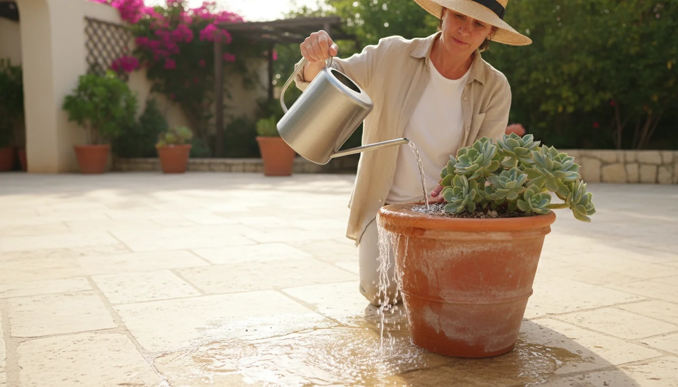 A person waters a wilting plant in a terracotta pot on a patio; water visibly pools on the compacted, non-absorbing soil surface.