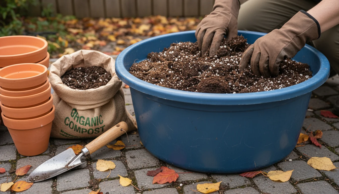A person wearing gardening gloves mixes spent potting mix with compost and perlite in a large black tub on a compact patio.