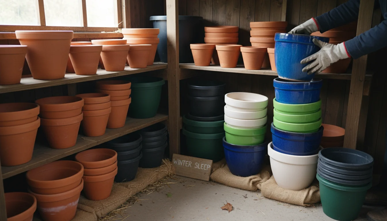 A person wearing gloves carefully stacks clean, empty terracotta and glazed ceramic pots in a tidy storage area.