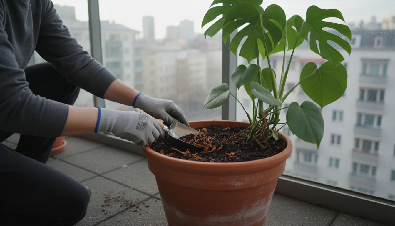 A person wearing gloves carefully sweeps fallen leaves from the soil surface of a potted plant on a small urban balcony.