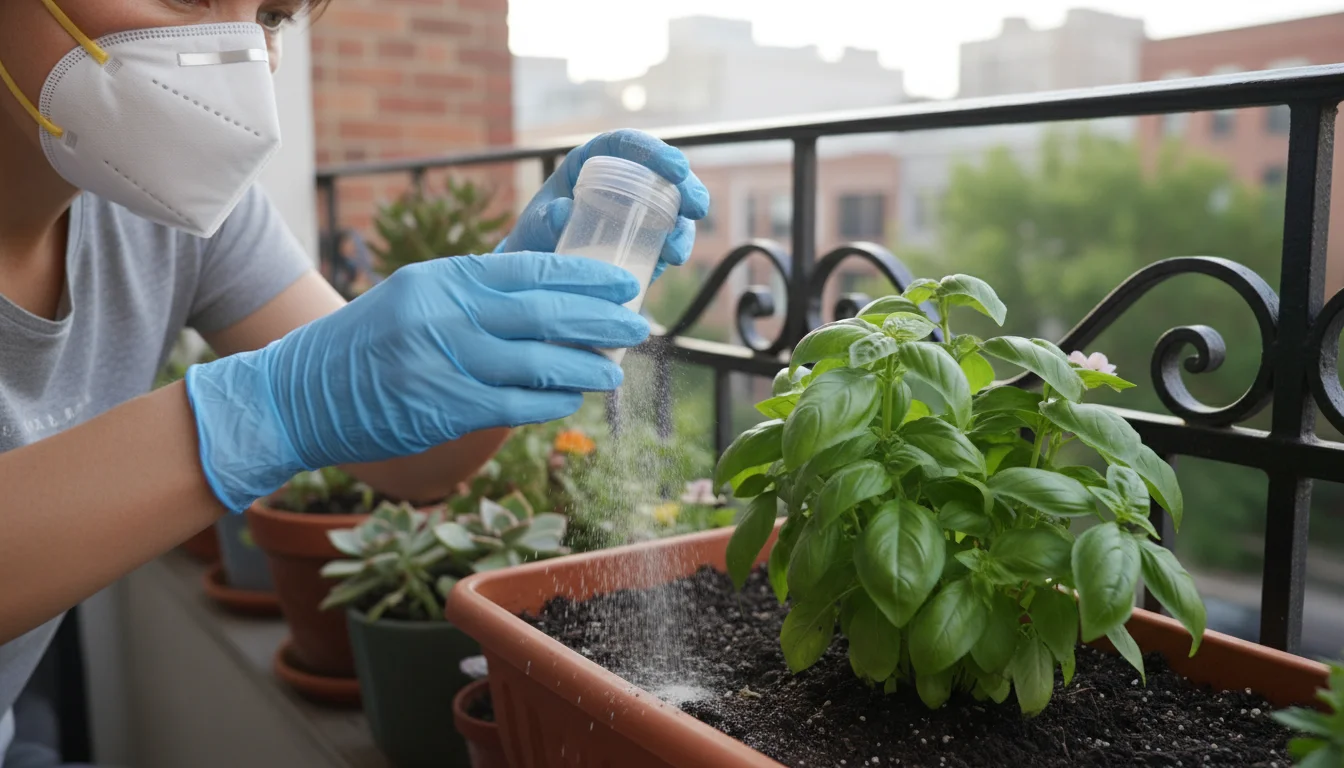 A person wearing a white dust mask carefully sprinkles fine white diatomaceous earth powder onto the soil of a potted basil plant on an urban balcony.