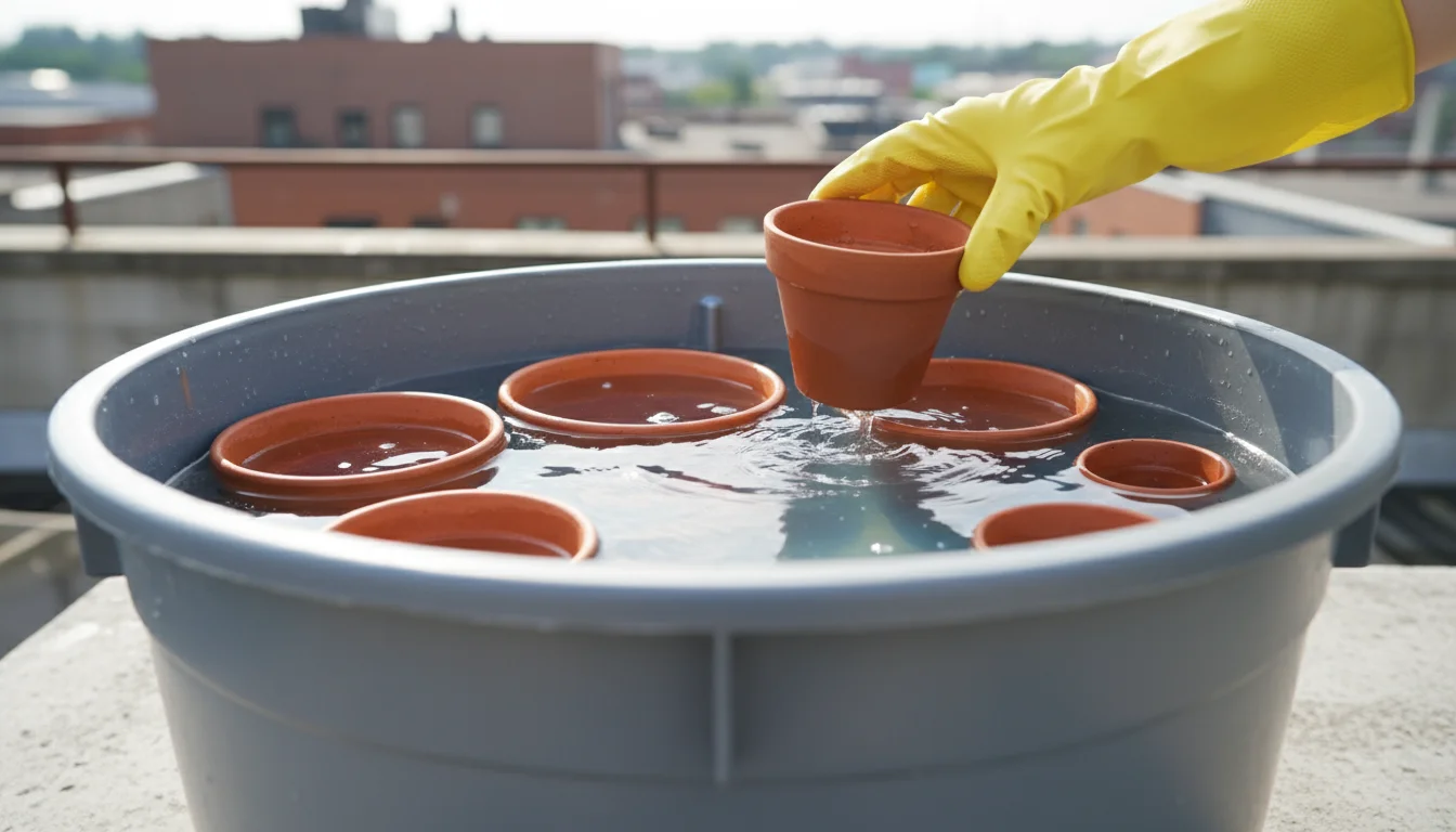 A person wearing yellow rubber gloves submerges a terracotta pot into a bucket of diluted bleach solution on an urban balcony.