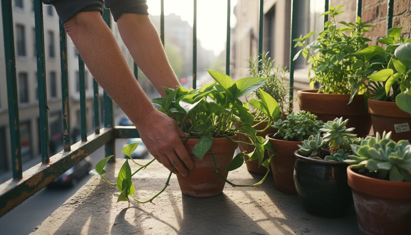 A person's weathered hands gently place a potted Pothos plant onto a sunny urban balcony among other container plants.