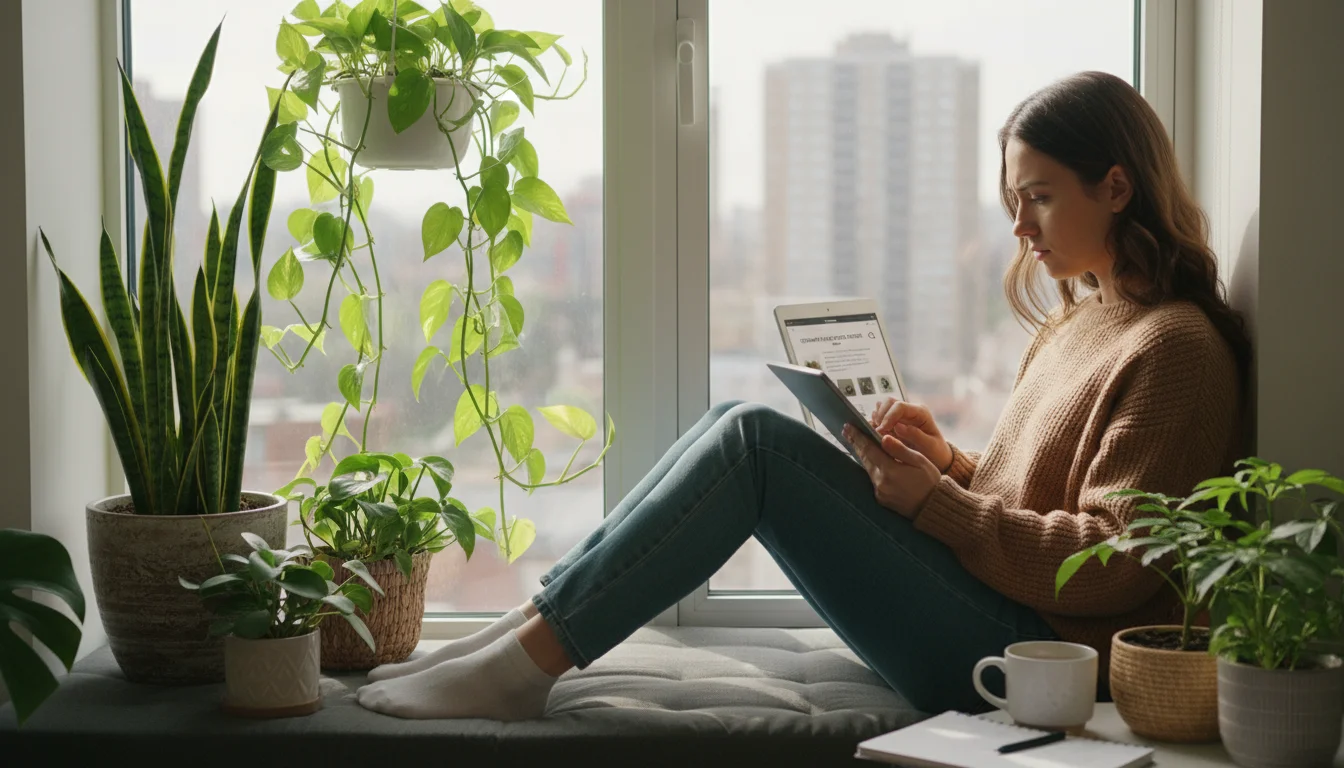 Person by a window with container plants, looking at a tablet. A Pothos has a slightly yellowing leaf, hinting at a pest issue. Cozy, sunlit indoor sc