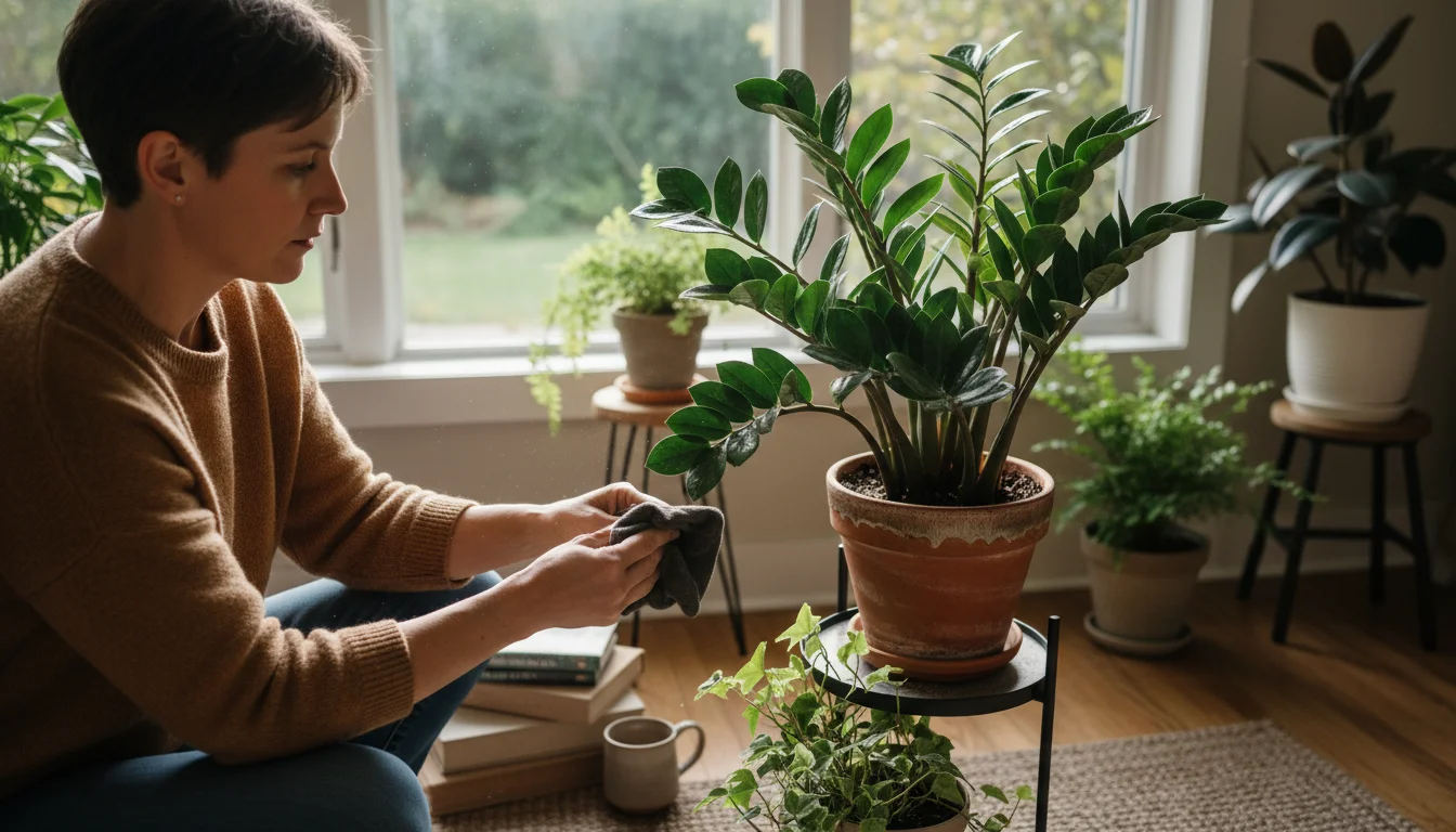 A person gently wipes dust from a large, green ZZ plant leaf with a damp cloth. The plant is on a tiered stand indoors, by a window.