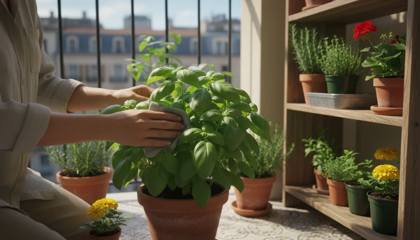 A person gently wipes the green leaves of a potted basil plant on a sunny urban balcony, surrounded by various container plants.