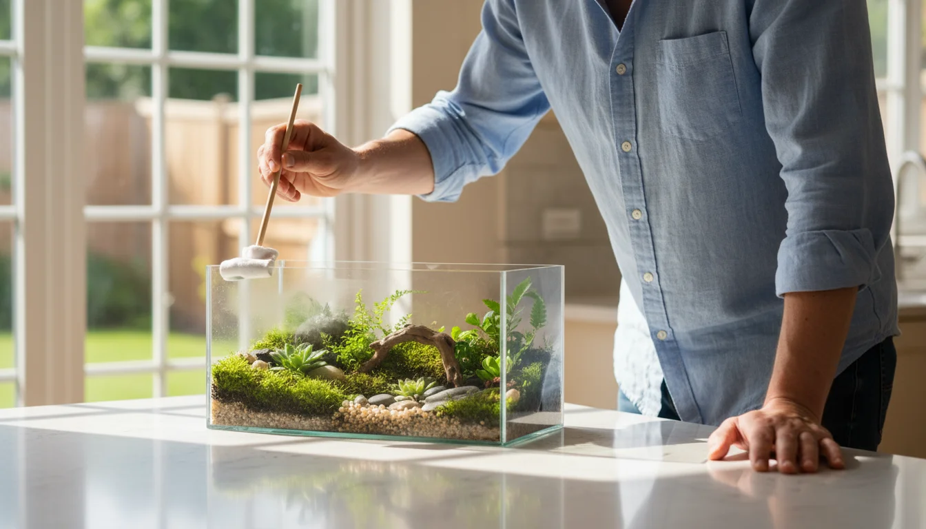 A person wipes the inside glass of a rectangular tabletop terrarium with a cloth on a stick, cleaning it on a kitchen counter.