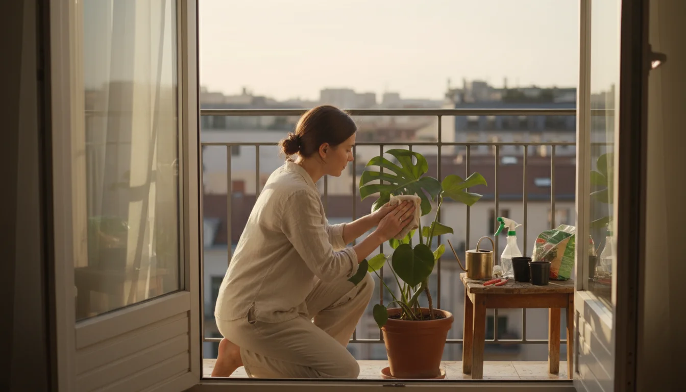 Person wiping leaves of a potted Monstera plant on an urban balcony during late afternoon. Open balcony door shows city rooftops.