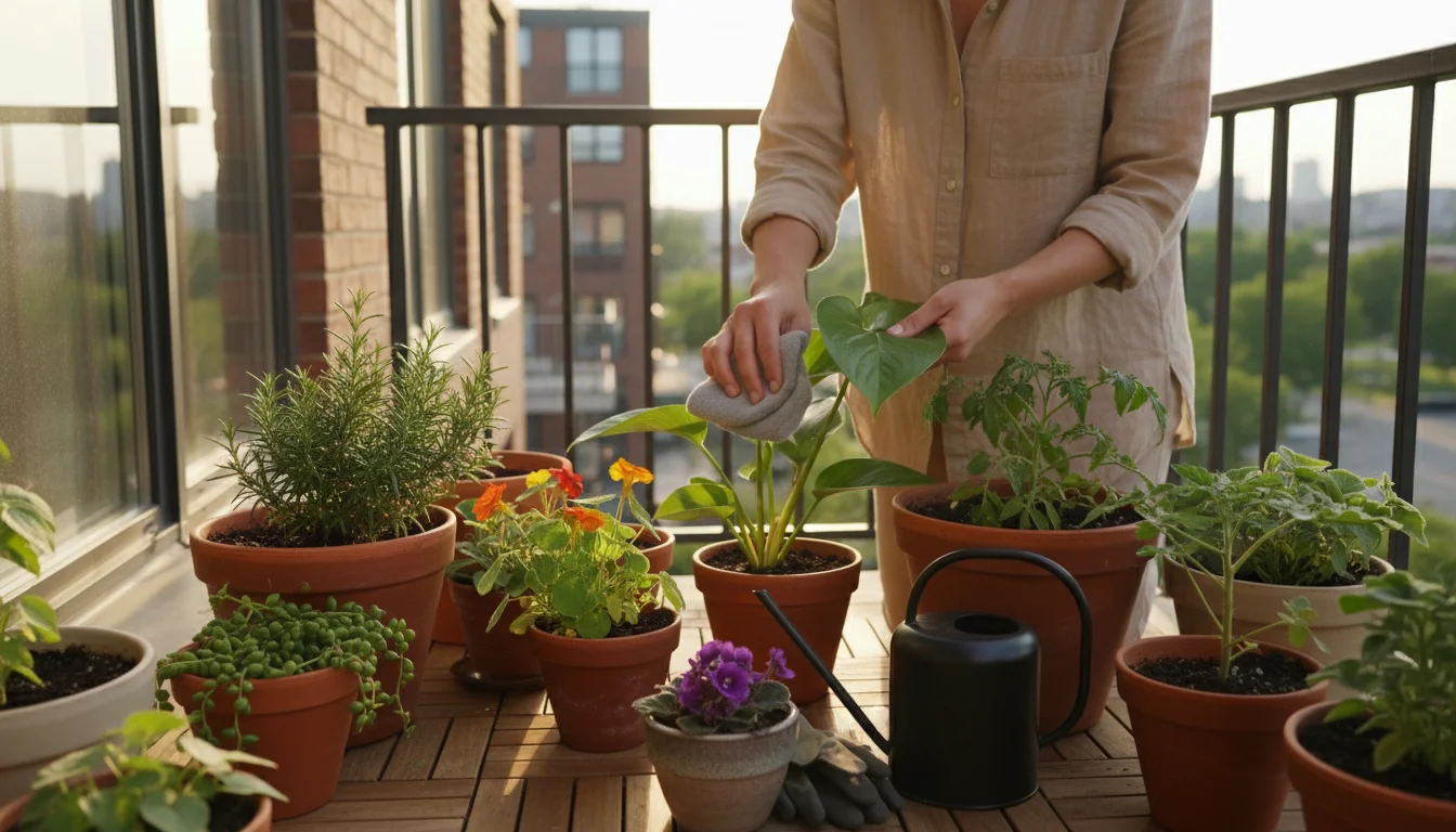 Person wiping a Pothos leaf with a cloth, a watering can and spray bottle nearby on a sun-drenched balcony with various potted plants.