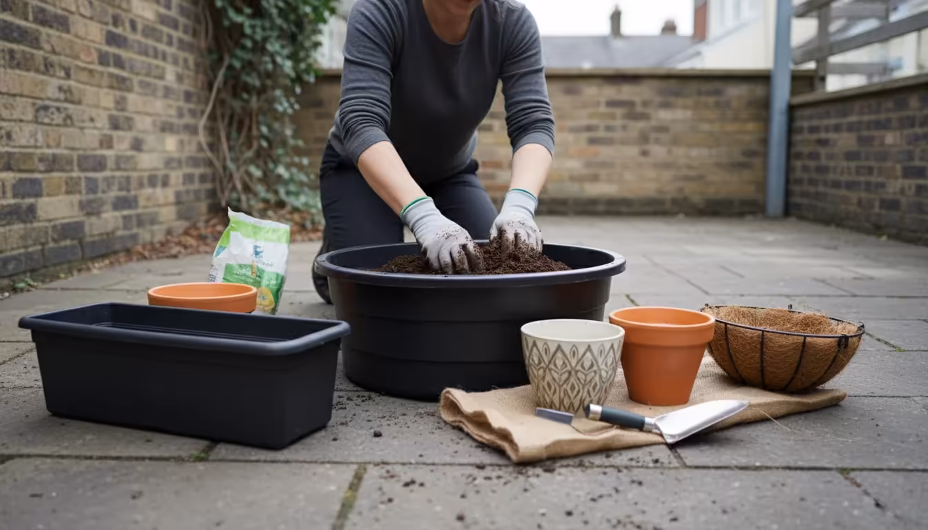 Person in work gloves kneeling on a patio, mixing fresh potting soil in a large tub, with various empty containers nearby.