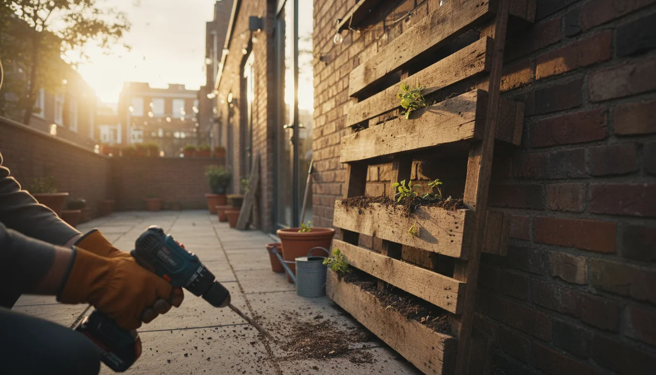 Person in work gloves using a power drill to attach a wooden A-frame support to a heavy, partially planted vertical pallet garden on a small patio.