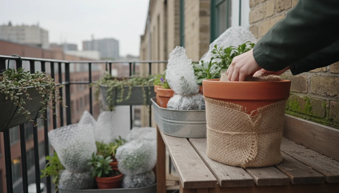 Person wrapping a terracotta pot with burlap on a small urban balcony, surrounded by other grouped and insulated plants.