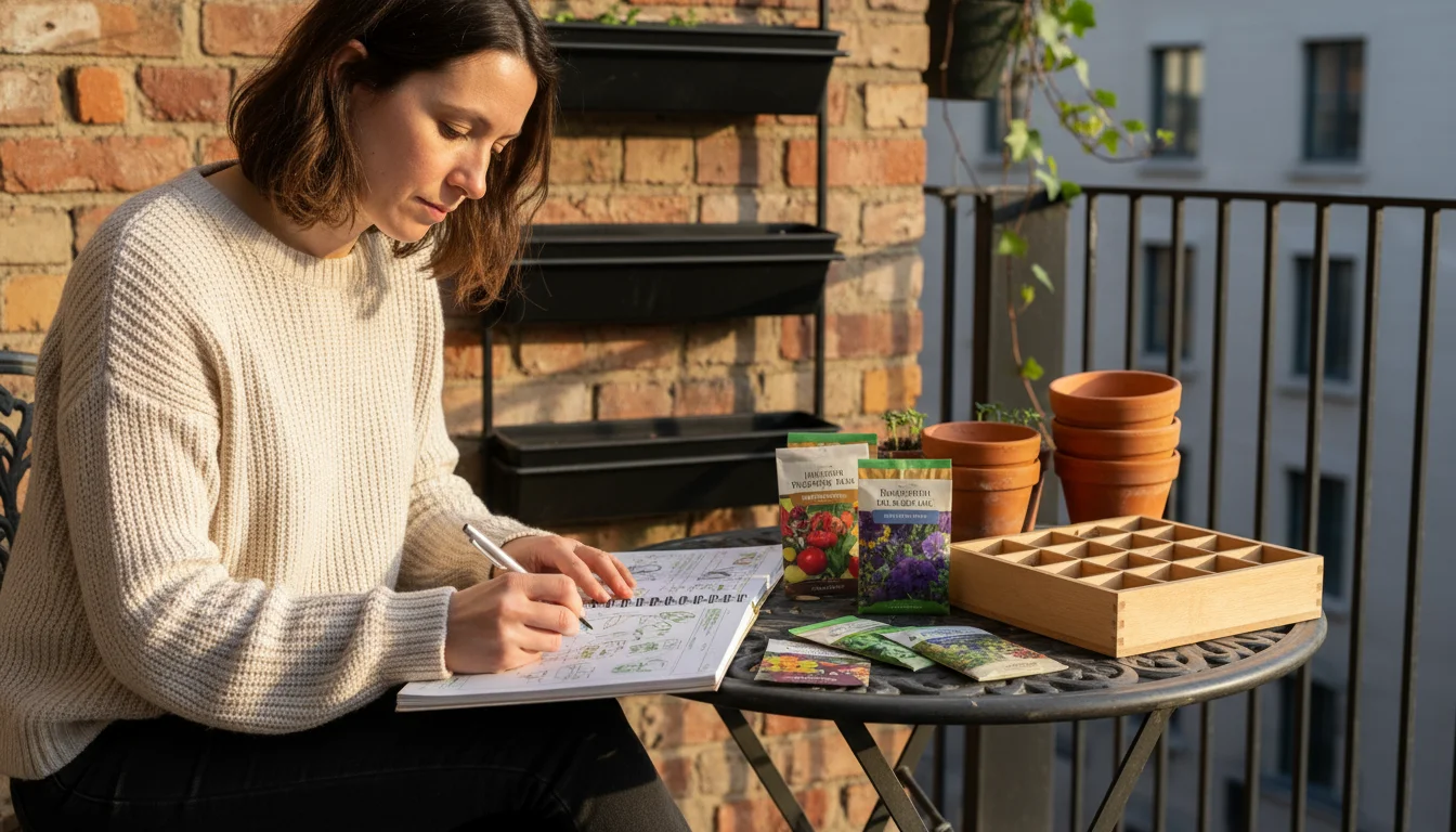 A person writes in a garden planning journal on a sunny urban patio, surrounded by empty pots and organized seed packets.