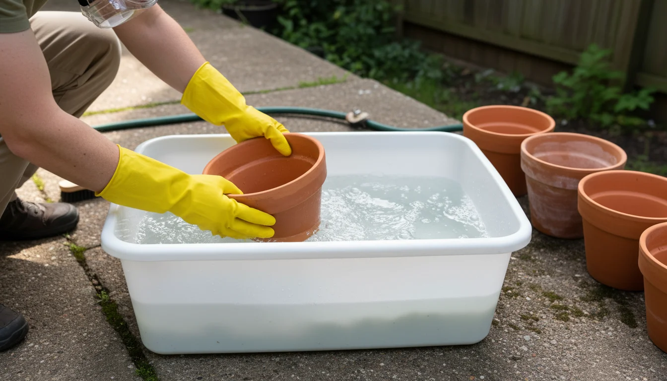 Person in yellow gloves and safety glasses submerging a terracotta pot into a bleach solution in a white tub on a concrete patio.