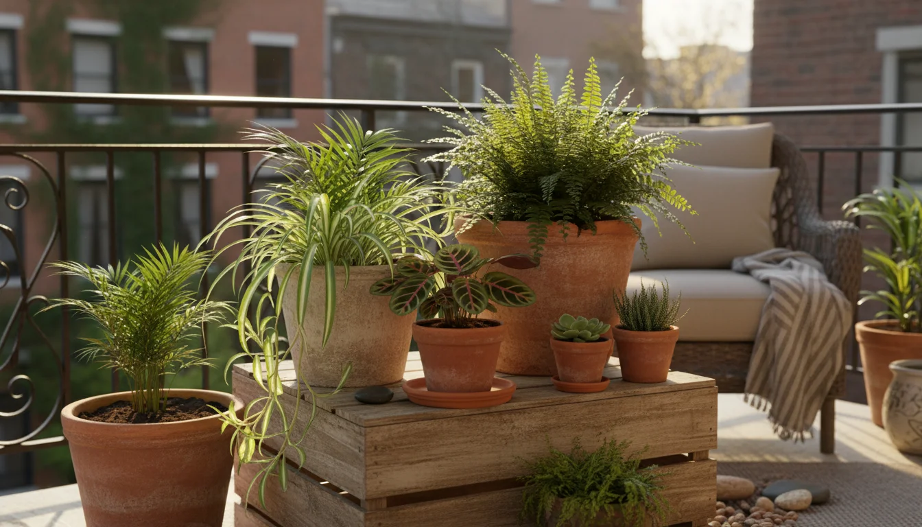 Pet-friendly plants grouped on an urban balcony. A spider plant, prayer plant, and fern surround a glass terrarium protecting a delicate Fittonia.