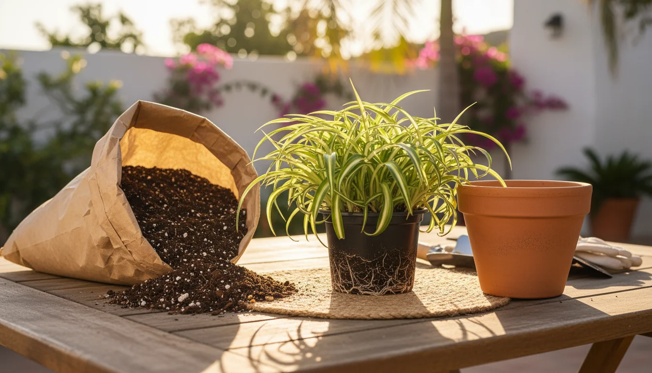 A pet-friendly spider plant and an open bag of potting mix on a sunny patio table, ready for repotting into a larger terracotta pot.