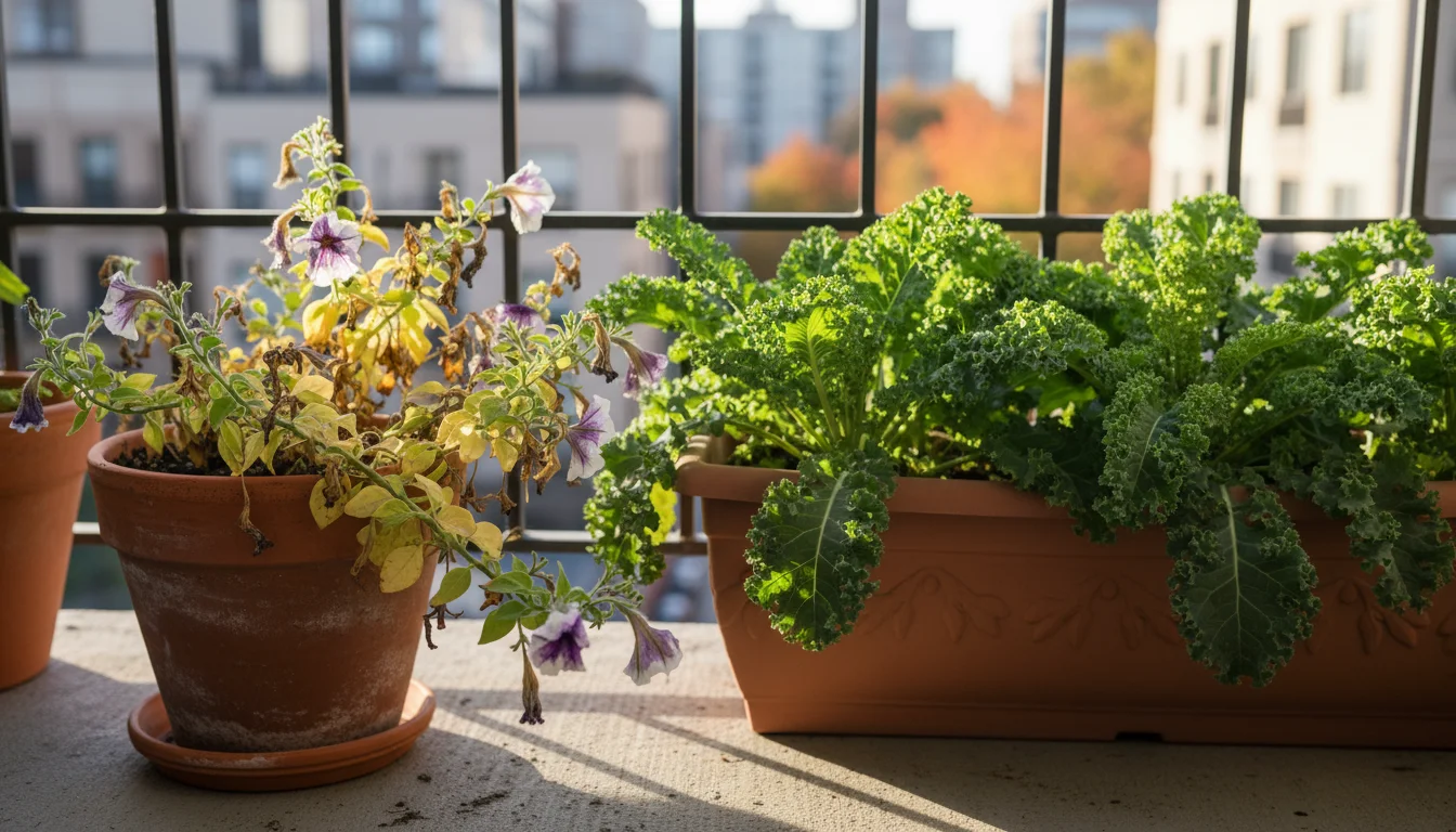 A petunia with faded blooms in a terracotta pot next to vibrant green kale in a rectangular planter on a small urban patio in soft autumn light.
