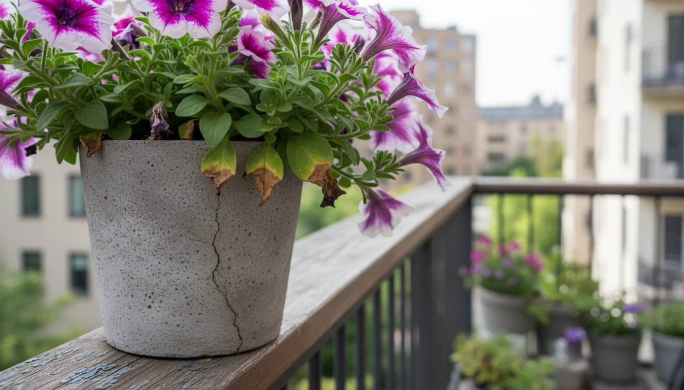 A medium close-up of a petunia plant in a concrete pot, showing leaves with crispy brown edges on a balcony.