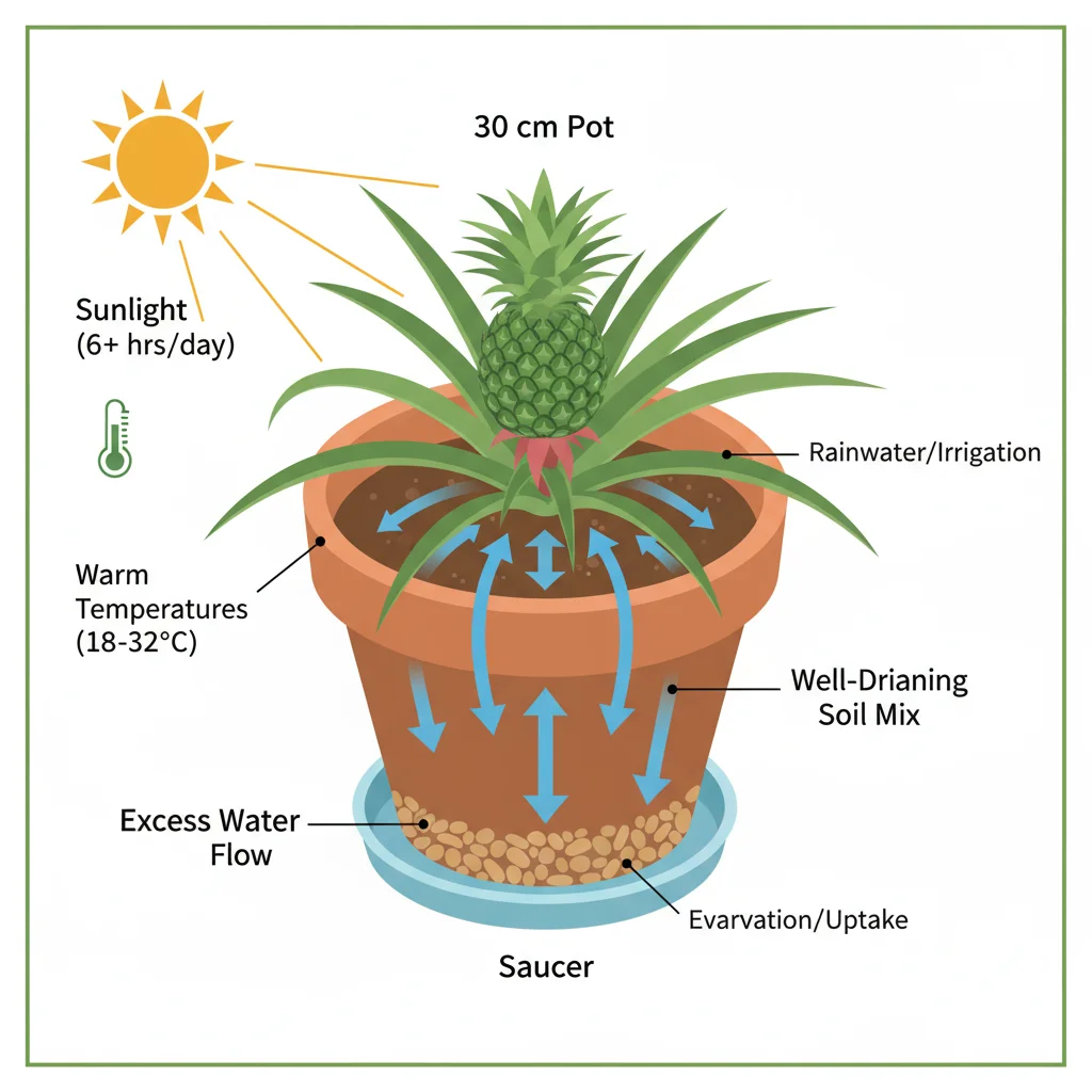 Pineapple plant in 30cm pot diagram. Labels: plant, pot, water flow arrows. Growing outdoors in small space.