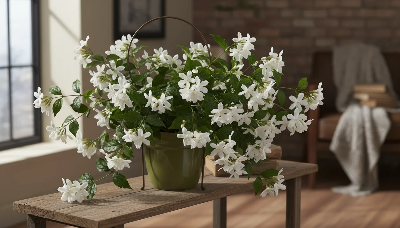 Pink Jasmine vine with white star-shaped flowers and pink buds, trained on a trellis, cascading from a shelf in soft window light.