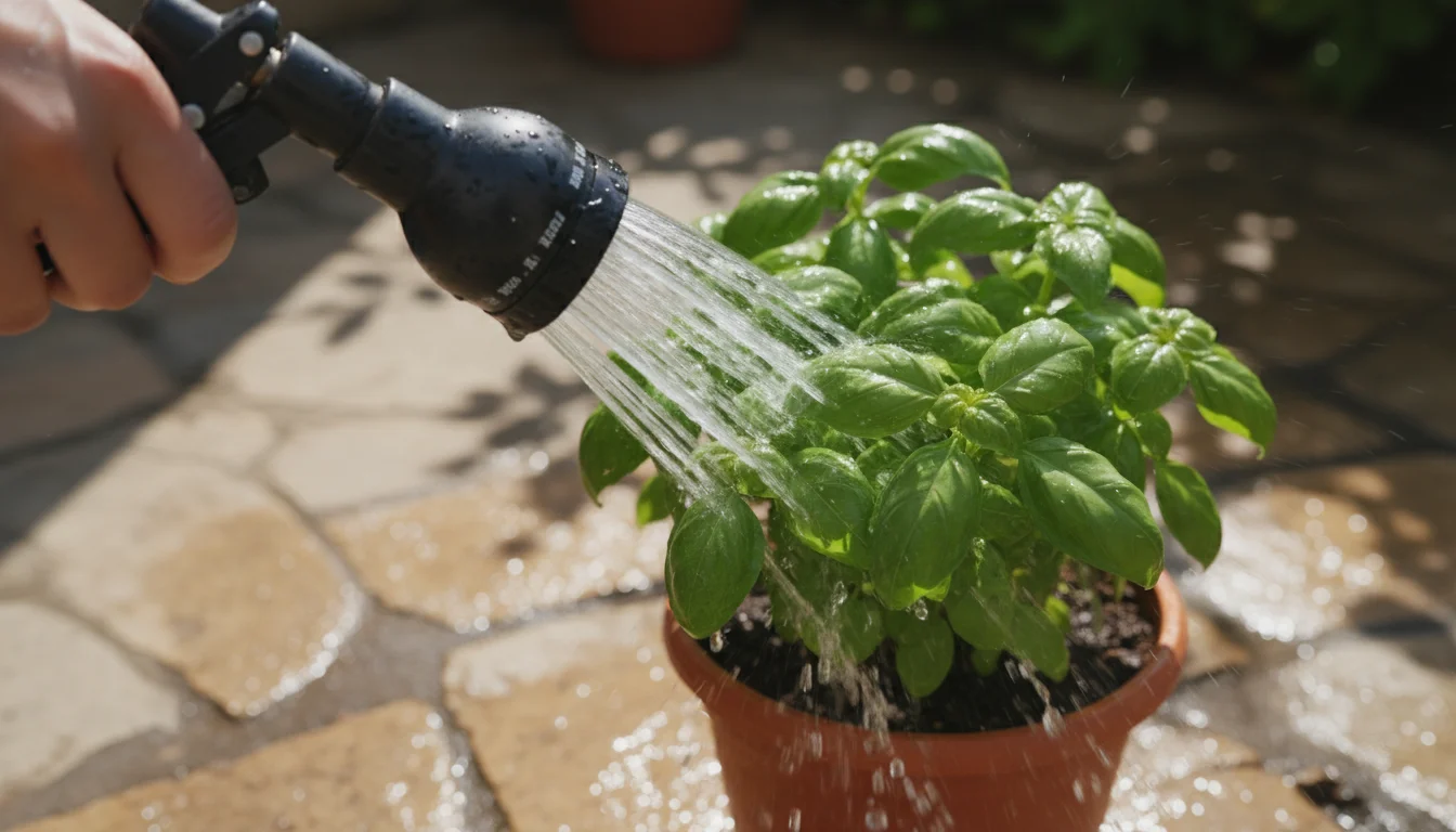 Pistol-grip hose nozzle emitting a soft shower spray, gently watering a potted basil plant on a sunlit patio.