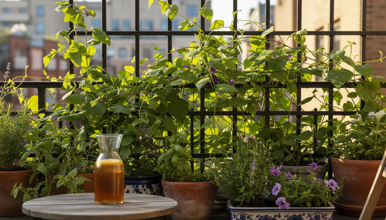 A plant-covered trellis provides a windbreak on a sunny urban balcony, shielding lush potted plants. One exposed plant shows subtle wind stress.