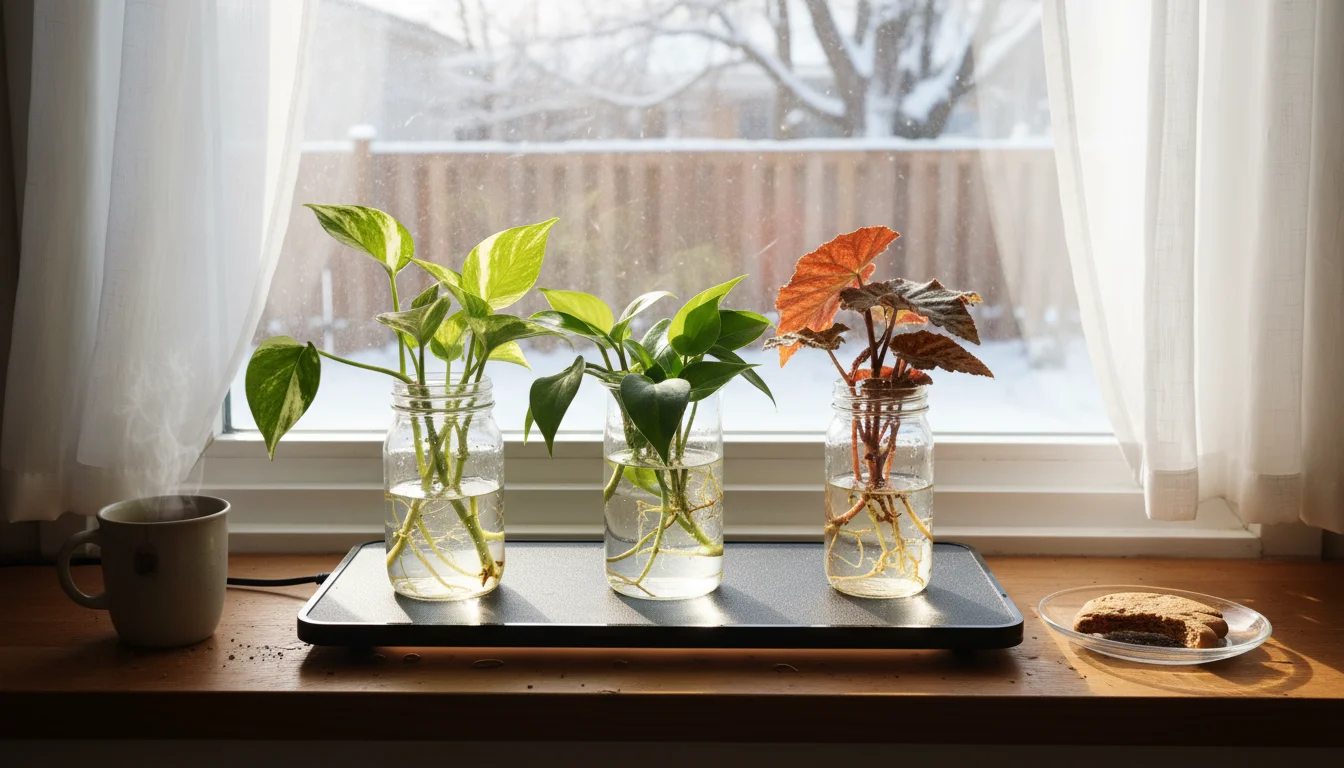 Plant cuttings in clear glass jars on a black seedling heat mat on a windowsill, illuminated by soft, diffused light from a window.