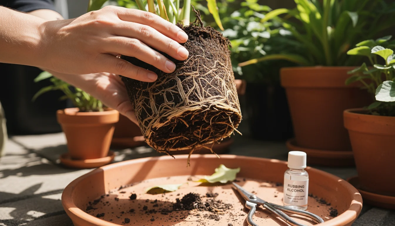 Close-up of a plant's damp root ball, showing healthy light roots and mushy dark rotten ones. Pruning shears and alcohol are ready on a patio.