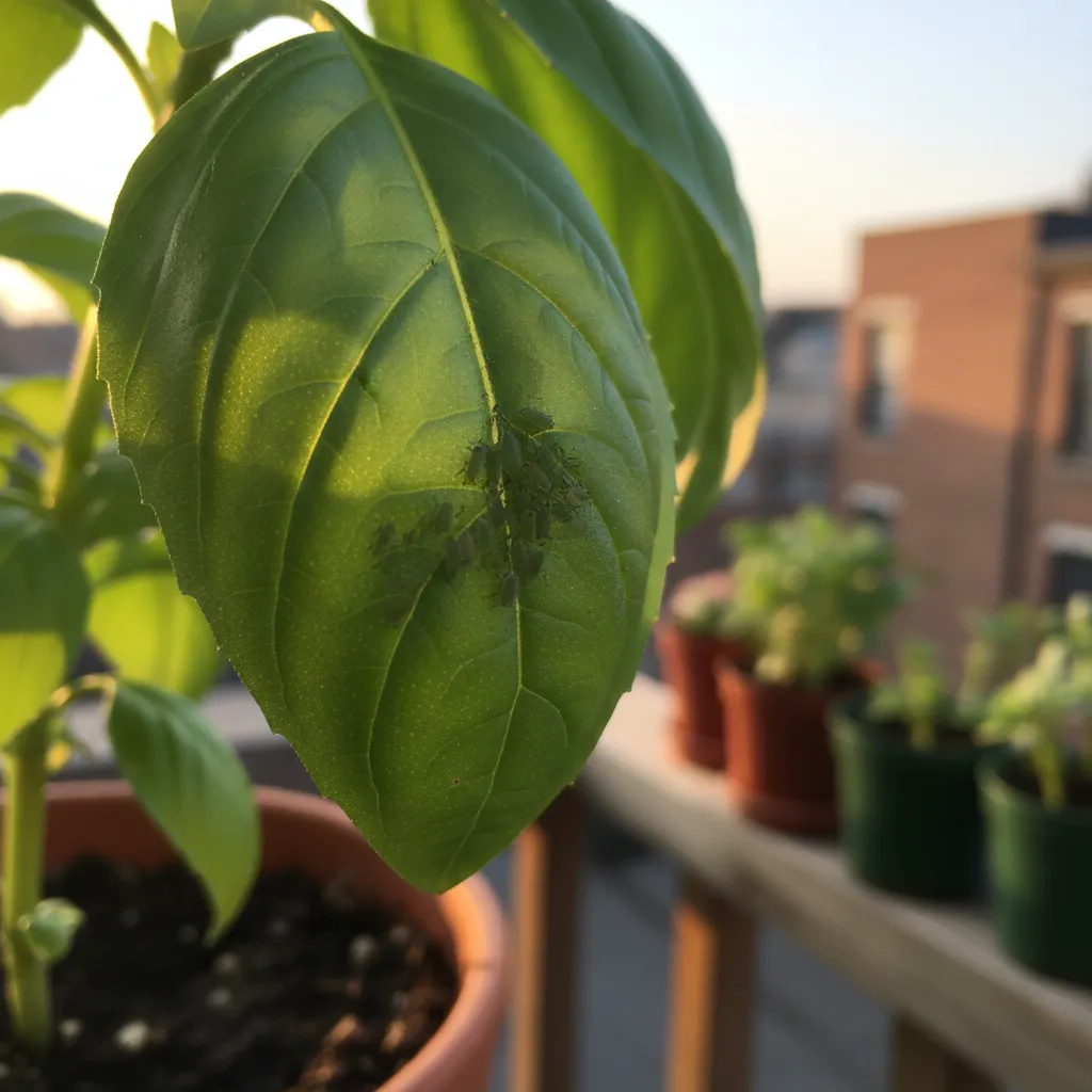 Macro shot of a cluster of tiny green aphids on the underside of a healthy basil leaf in a container on a balcony, lit by morning sun.
