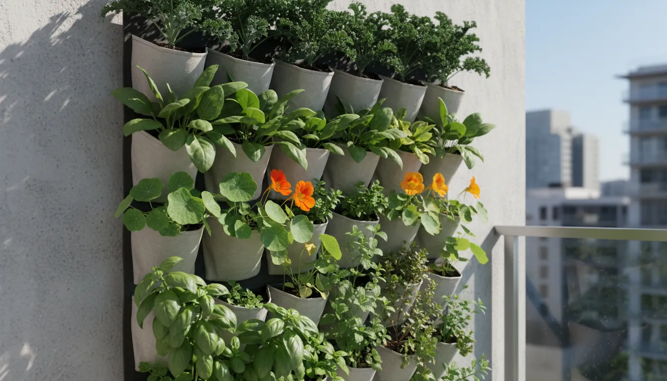 A medium shot of a vertical garden on a balcony, featuring a mix of leafy greens, herbs, and flowering plants in compact containers.