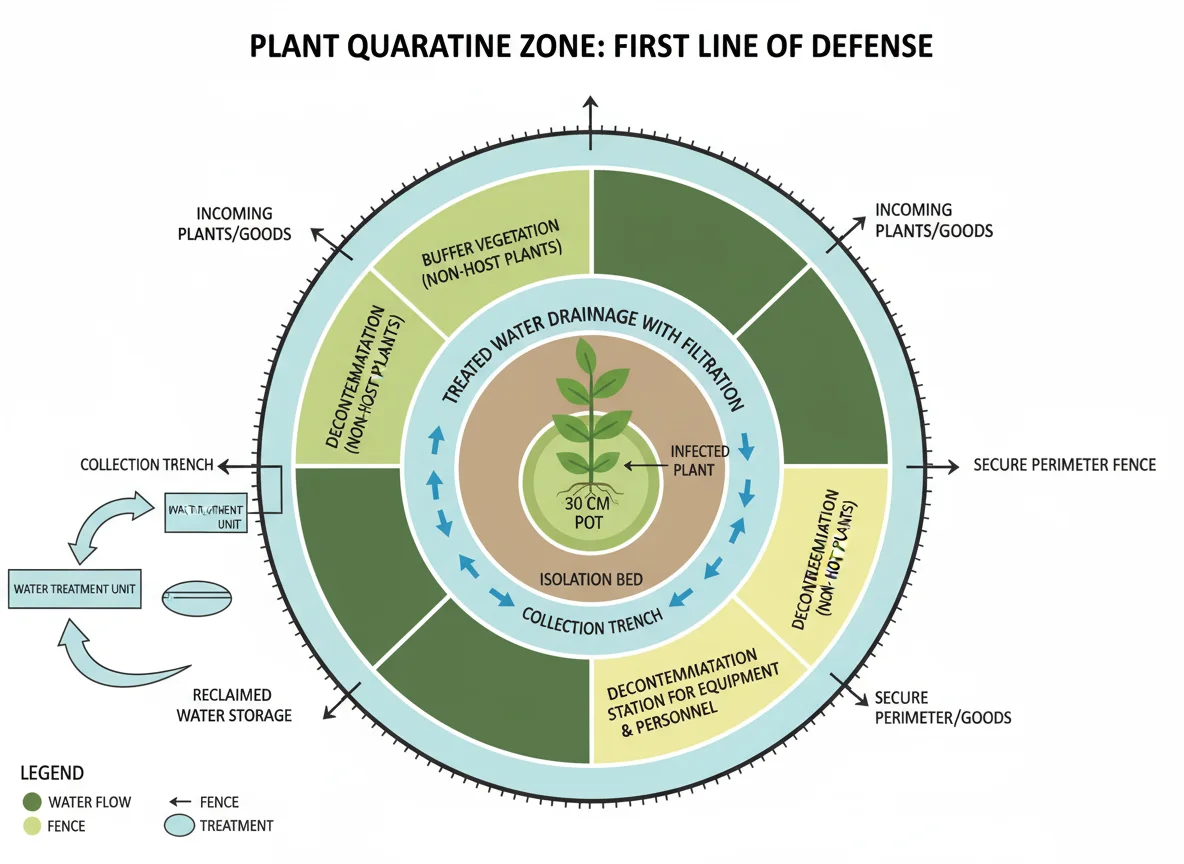 Plant quarantine zone diagram: 30cm pot with soil, plant, & water flow arrows.