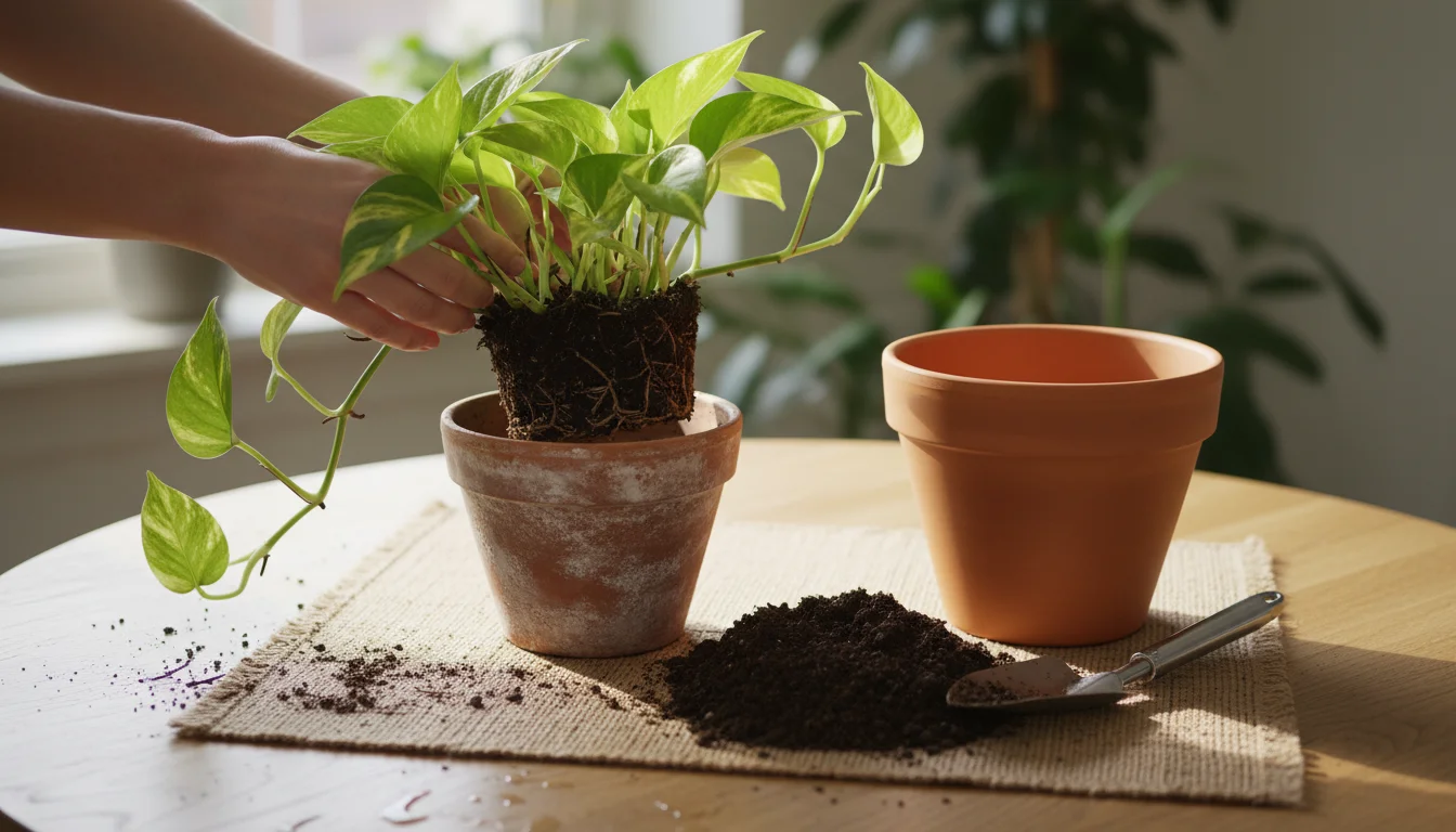 A plant removed from a 6-inch terracotta pot, next to an empty 8-inch terracotta pot clearly showing drainage holes, on a wooden surface.