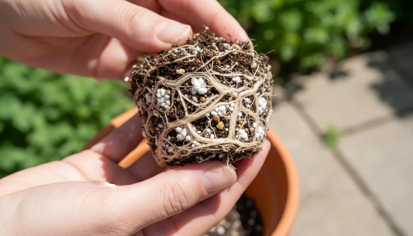 Close-up of a plant's root ball with white, powdery root mealybugs, held by hands after being unpotted from a container.