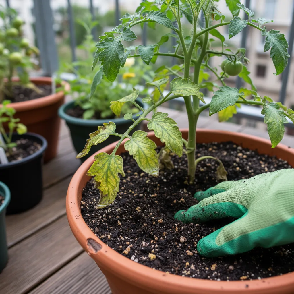 A close-up view of a tomato plant in a pot, showing yellowing leaves. A hand touches the soil. The scene is lit by soft, overcast natural light.
