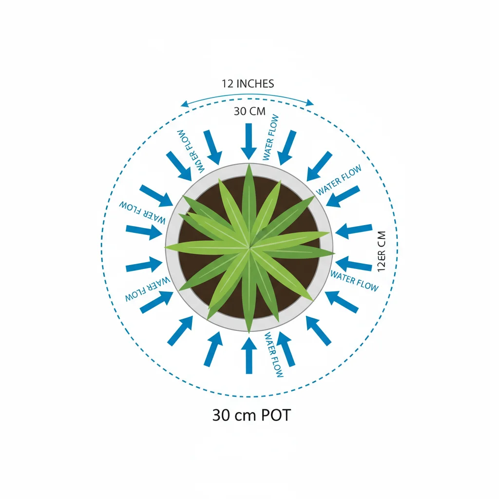 Plant watering diagram: water flow arrows to 30cm pot from above.
