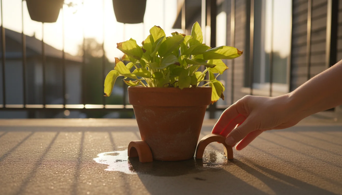 A plant with yellowing leaves in a terracotta pot on a damp balcony floor. A hand places pot feet under an empty pot.