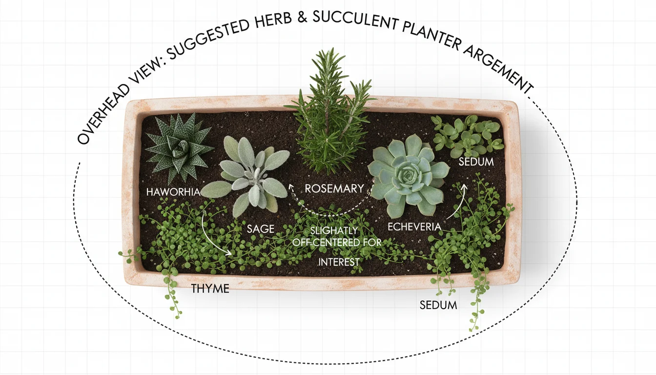 Overhead planter diagram: Rosemary (center), sage, thyme, echeveria, sedum, haworthia arrangement for balanced composition.