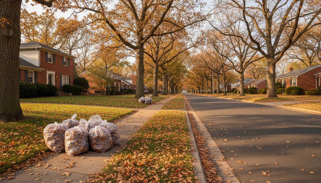 Clear plastic bags filled with golden and russet leaves neatly stacked at the curb on a quiet, tree-lined residential street in autumn.