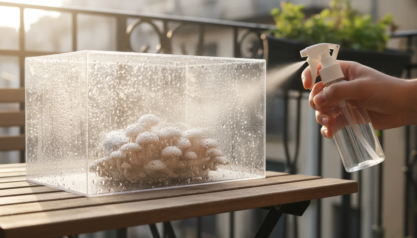 Clear plastic humidity tent on a balcony table, with a hand misting young oyster mushroom pins visible inside, shimmering with water droplets.