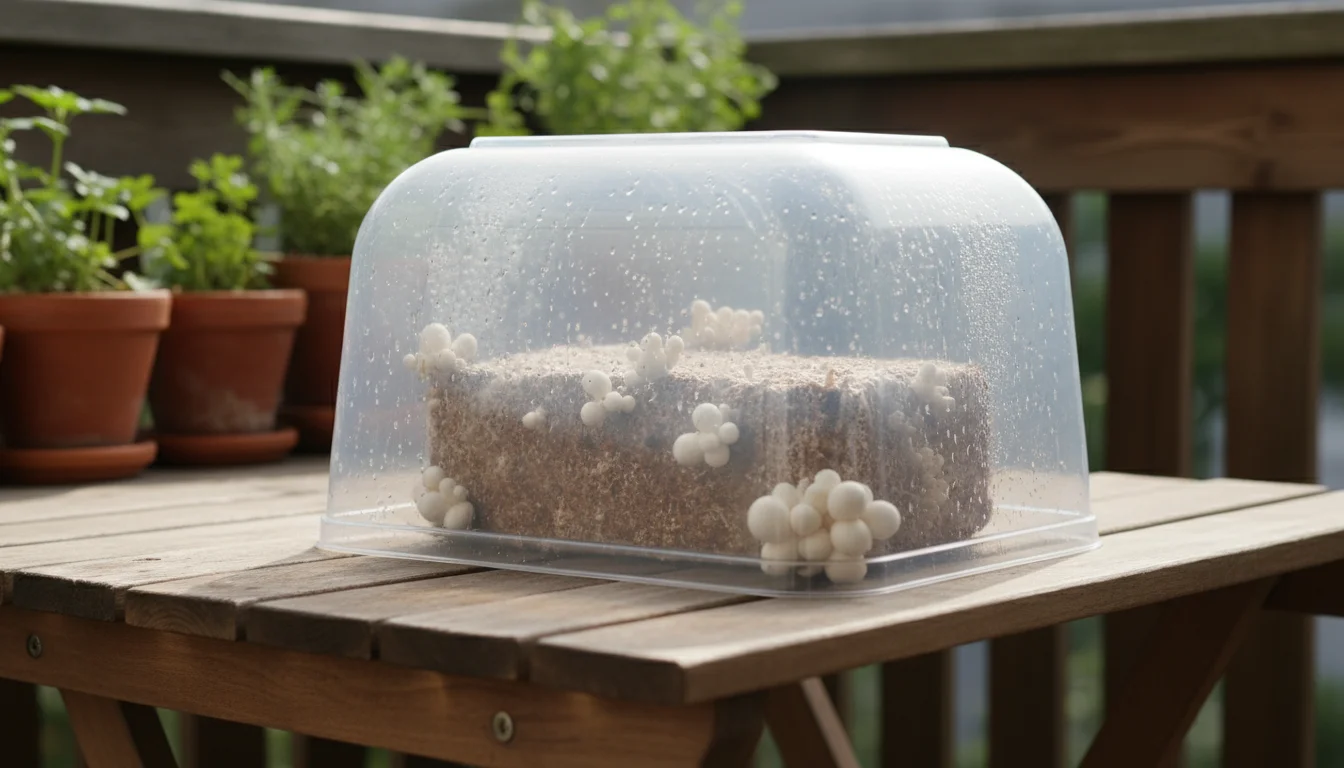 Clear plastic humidity tent on a wooden balcony table, showing a mushroom block with tiny white pinhead mushrooms emerging. Background blurred.