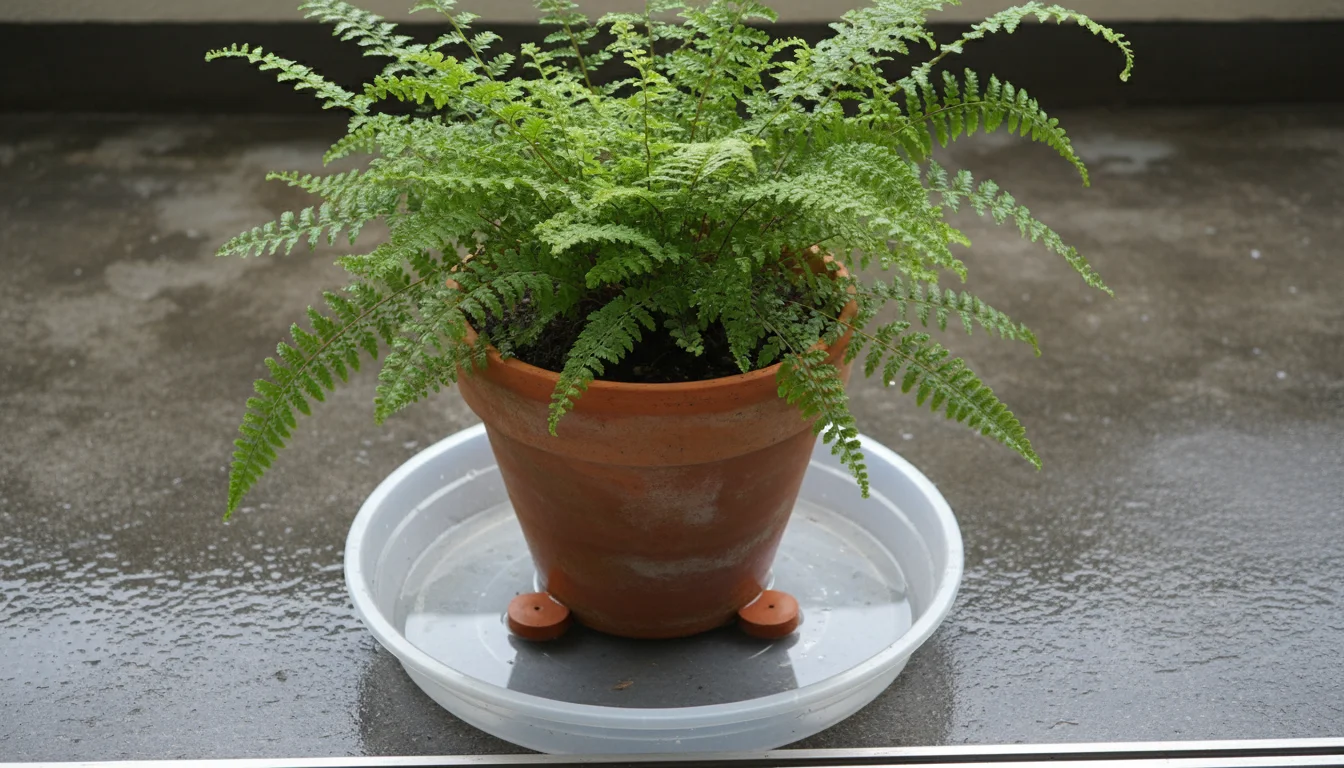 Clear plastic saucer with collected rainwater under a terracotta pot with a fern, elevated by small pot feet on a wet balcony.